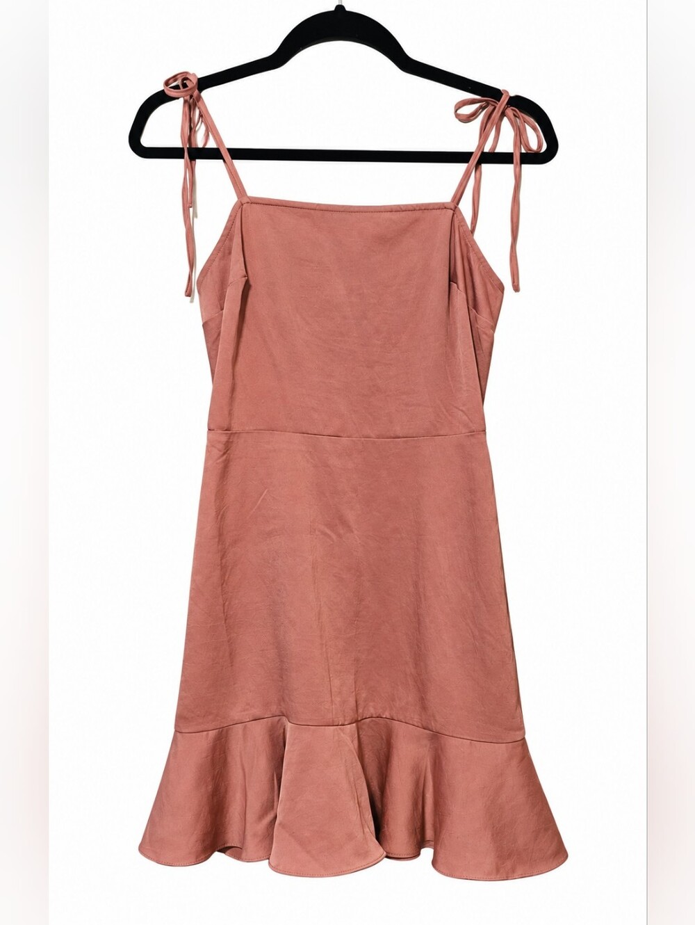 Express Dusty Rose Satin Tie-Shoulder Ruffle Hem Mini Dress XS